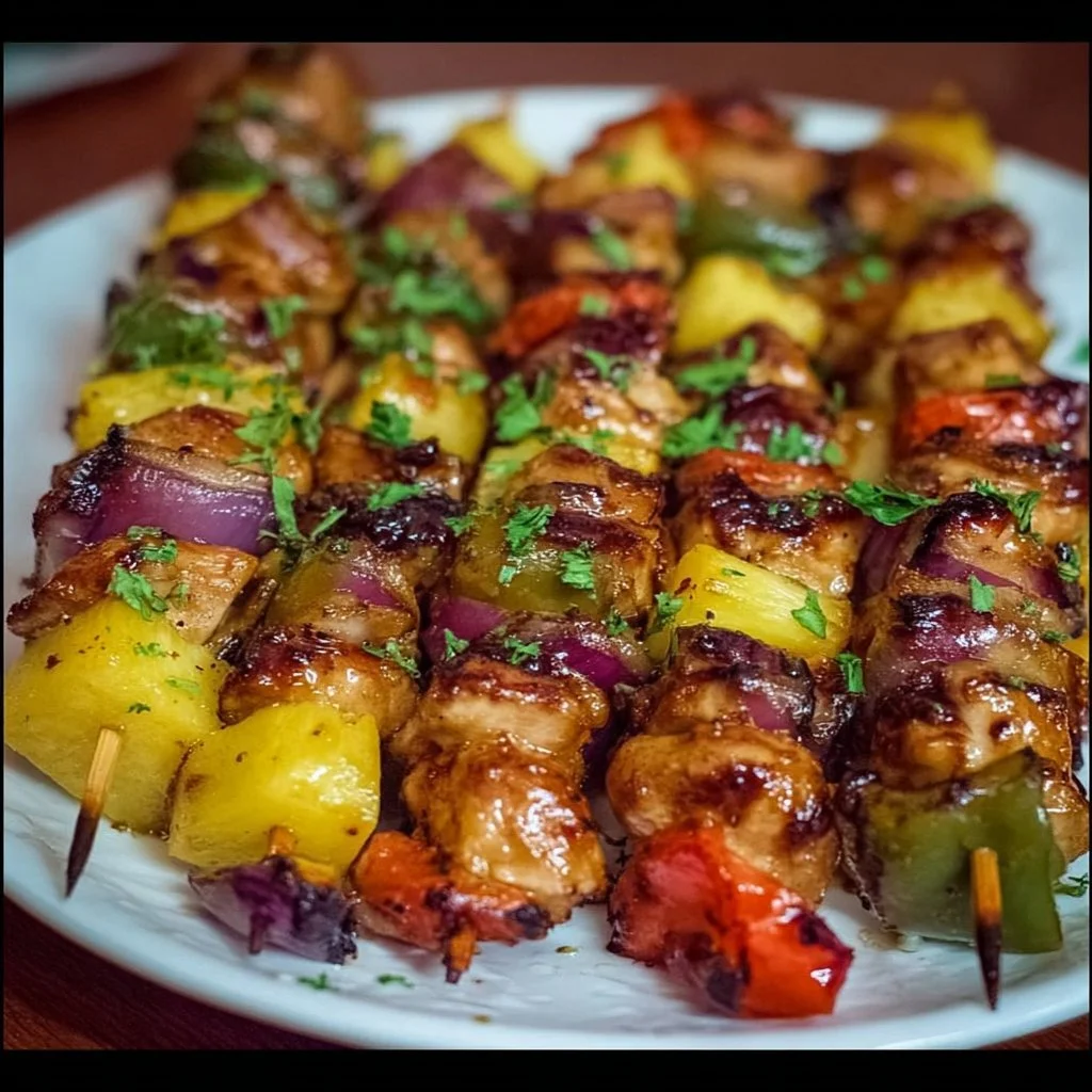 Grilled Hawaiian Chicken Kebabs with pineapple and bell peppers on skewers