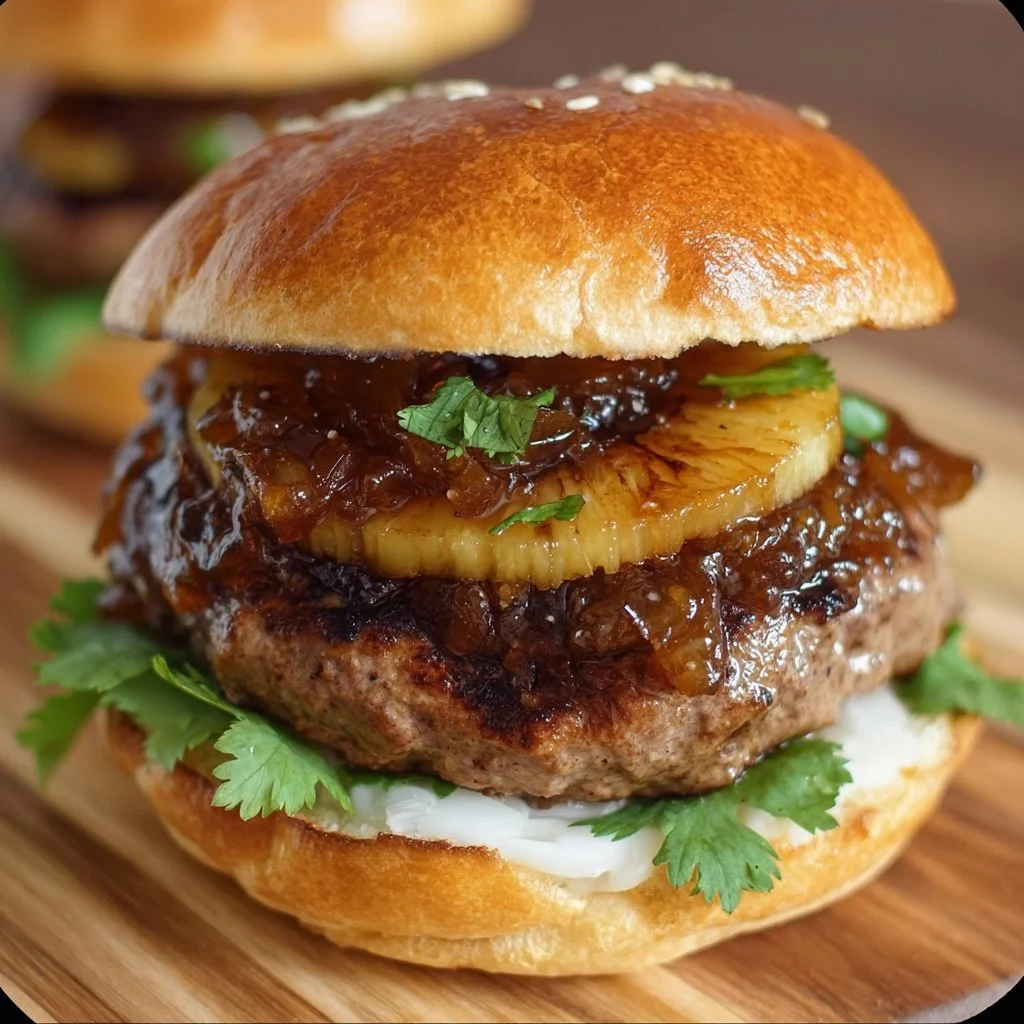 Hawaiian Teriyaki Burger with pineapple and tasty sauce on a wooden plate