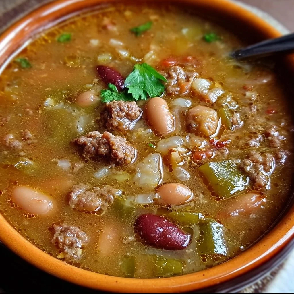 A bowl of hearty pinto bean, green chile, and beef soup garnished with fresh cilantro.