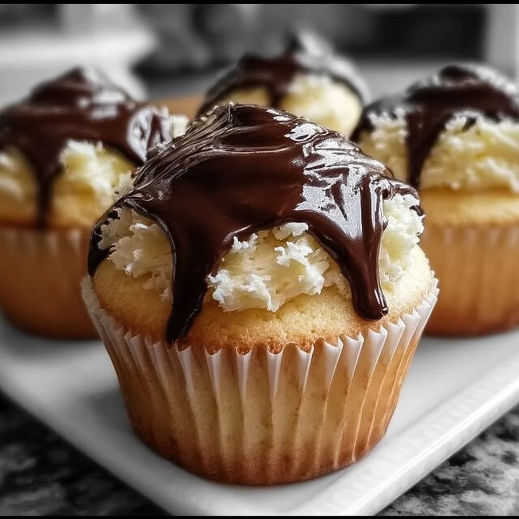Heavenly Boston Cream Cupcakes with chocolate ganache and creamy filling