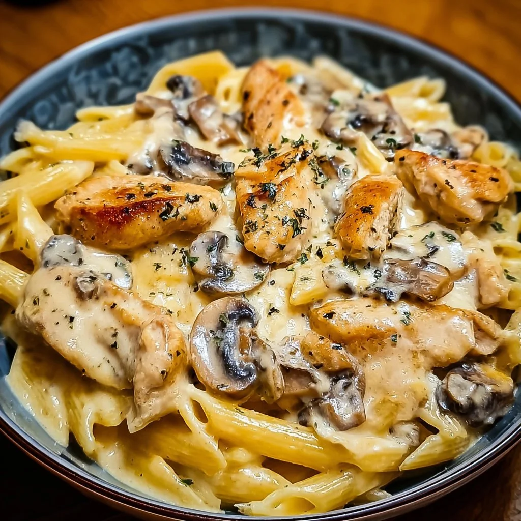 Heavenly chicken and mushroom pasta with a silky cream sauce