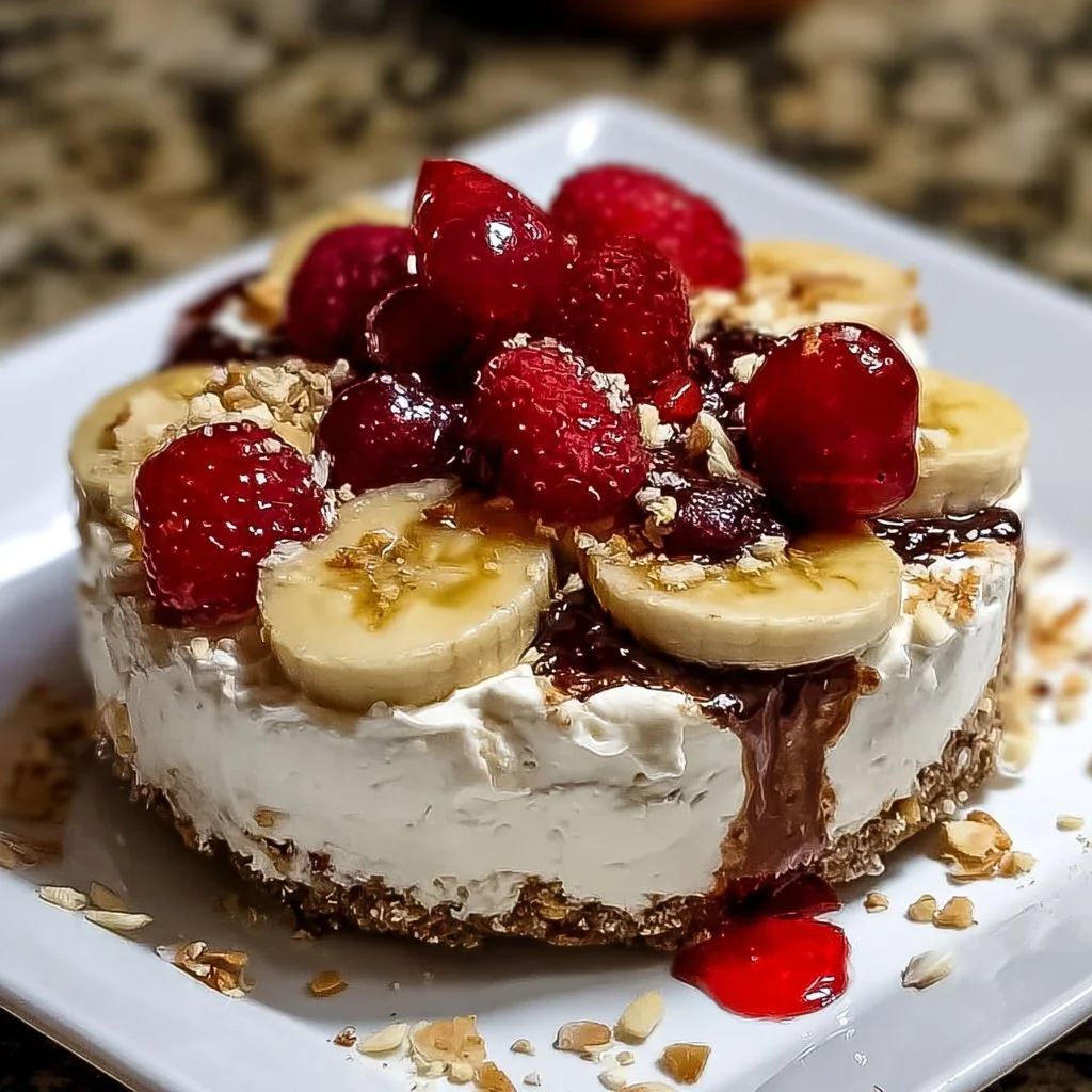 No-bake banana split cheesecake topped with fresh bananas and chocolate syrup