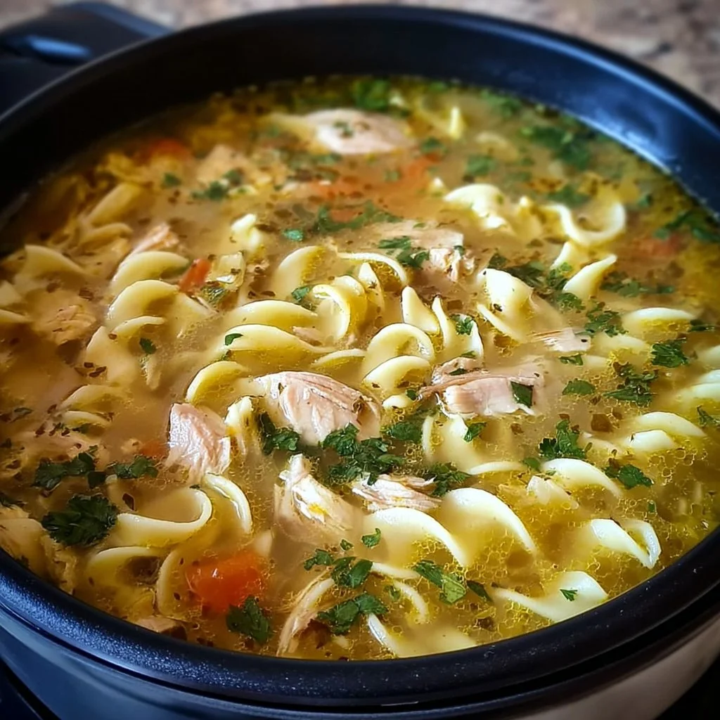 Bowl of homemade chicken noodle soup with fresh vegetables and herbs