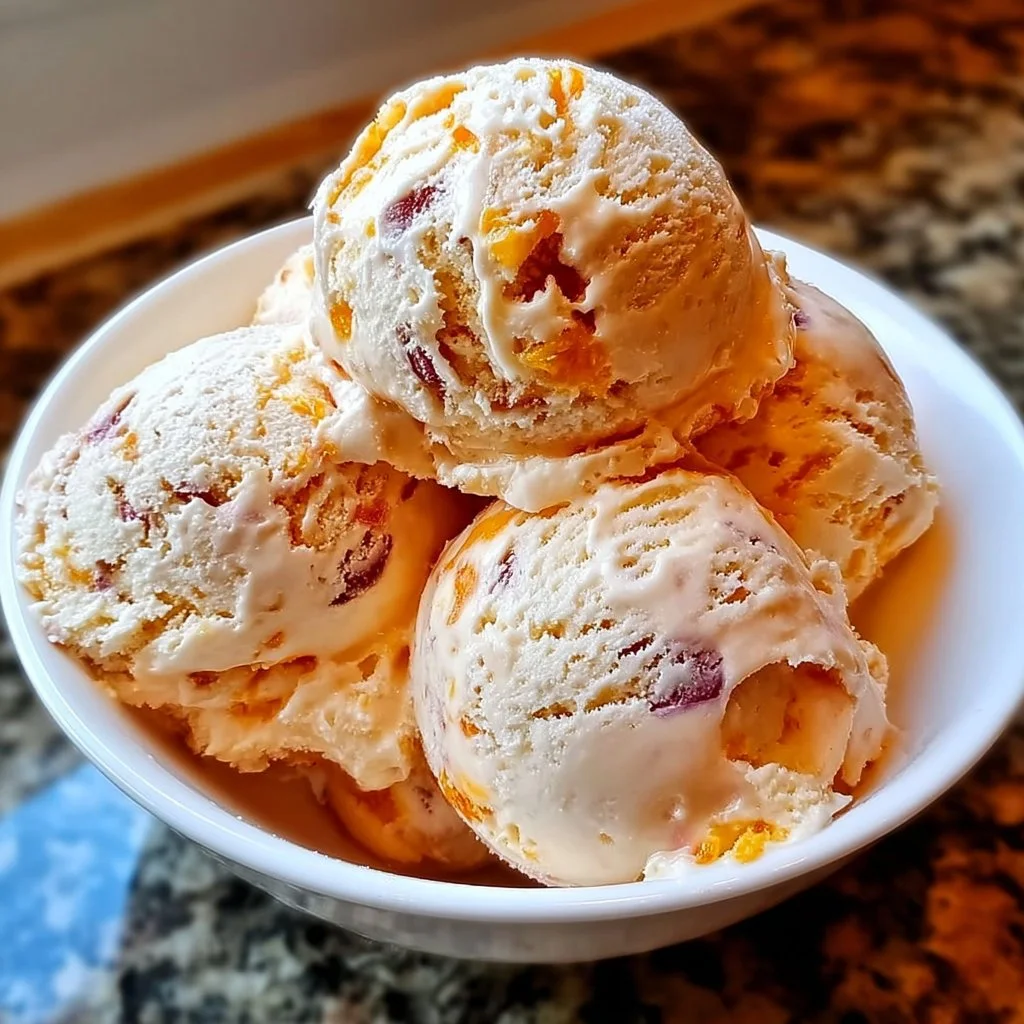Bowl of homemade peach ice cream topped with fresh peach slices