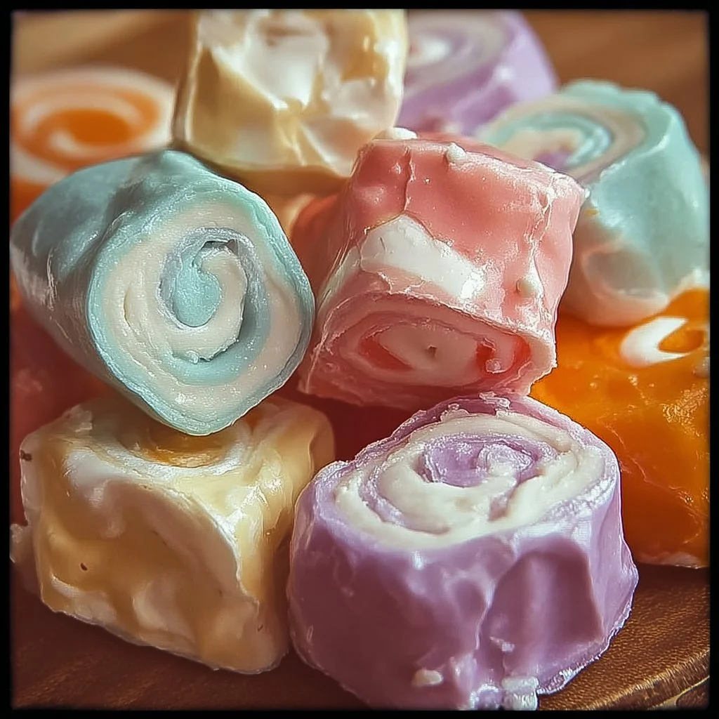 Homemade saltwater taffy rolls displayed on a colorful plate