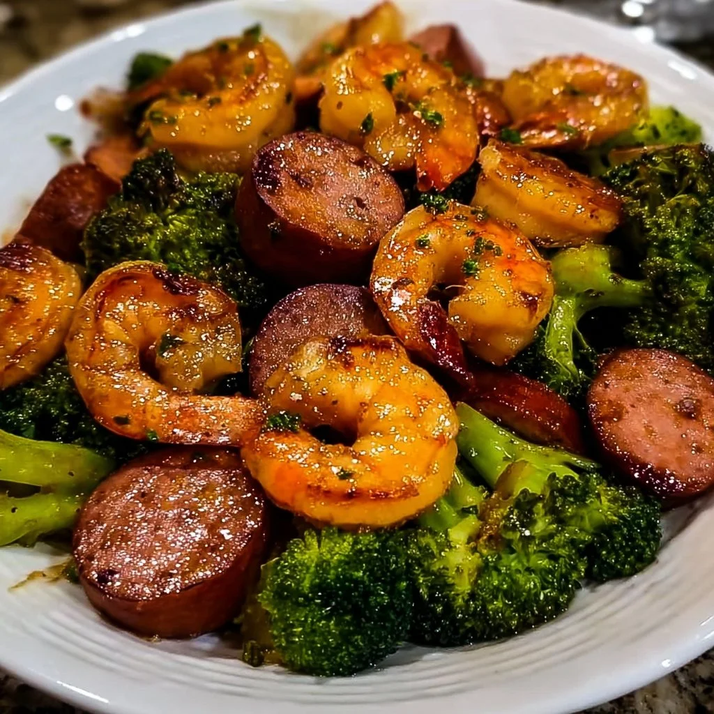 Delicious honey-glazed shrimp with sausage and broccoli medley on a plate.