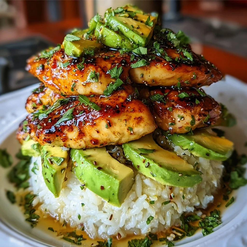 Honey Lime Chicken served with Avocado Rice Stack for a healthy meal.