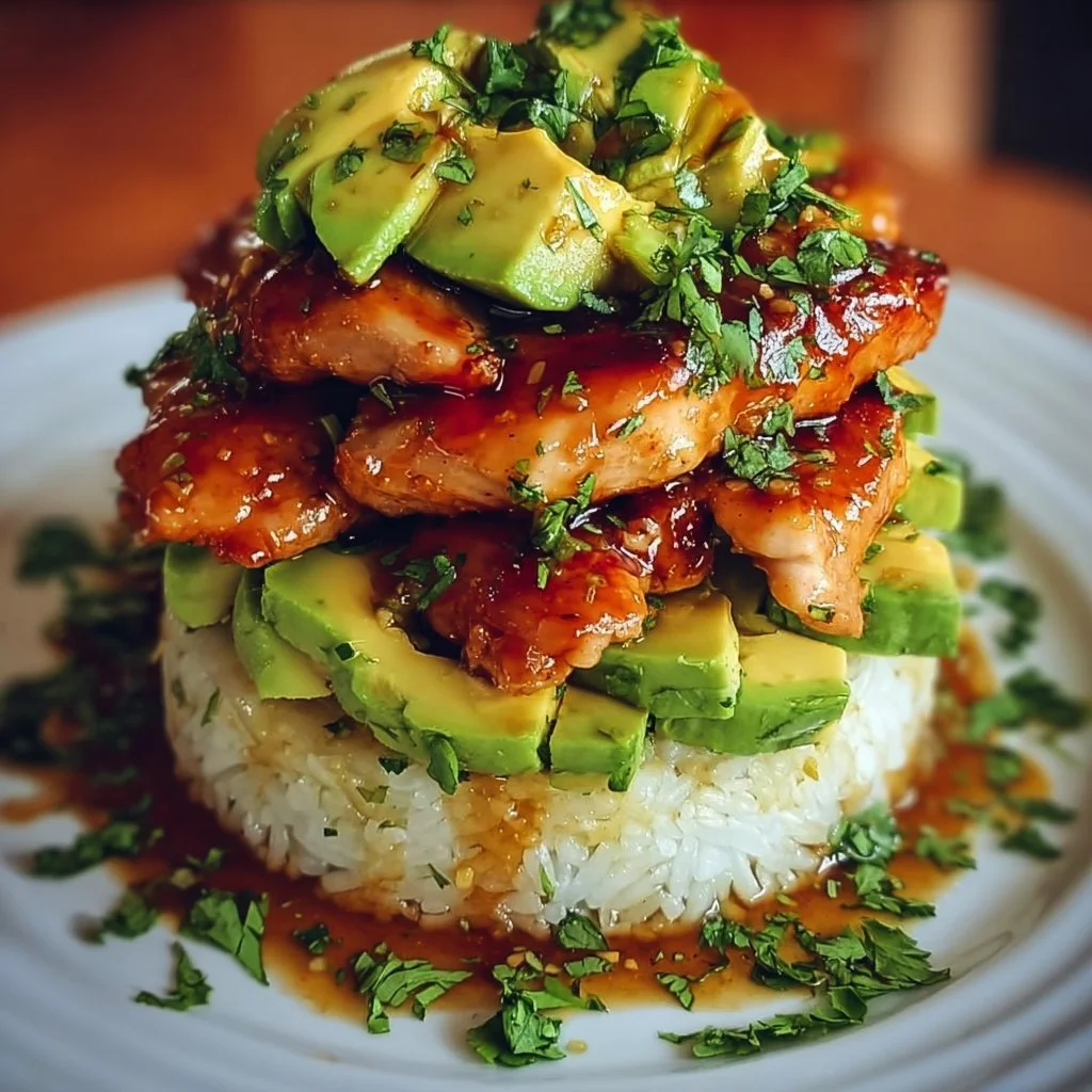 Honey Lime Chicken served with Avocado Rice Stack on a plate
