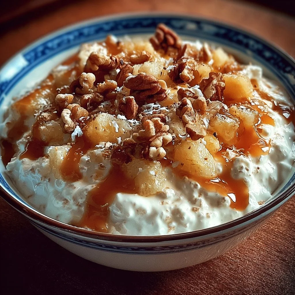 Hummingbird Cake Cottage Cheese Bowl topped with fresh fruits and nuts