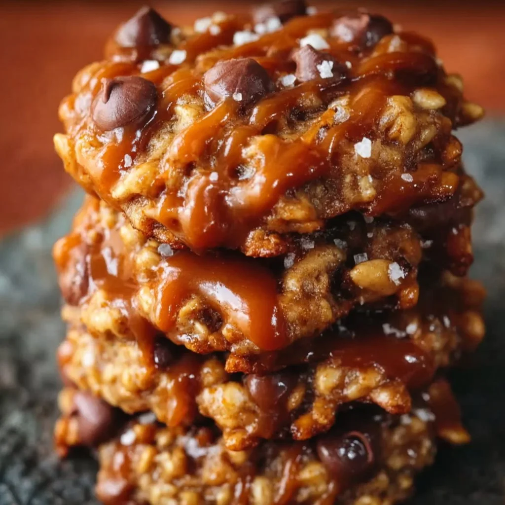 No-bake salted caramel cookies topped with sea salt and drizzled with caramel