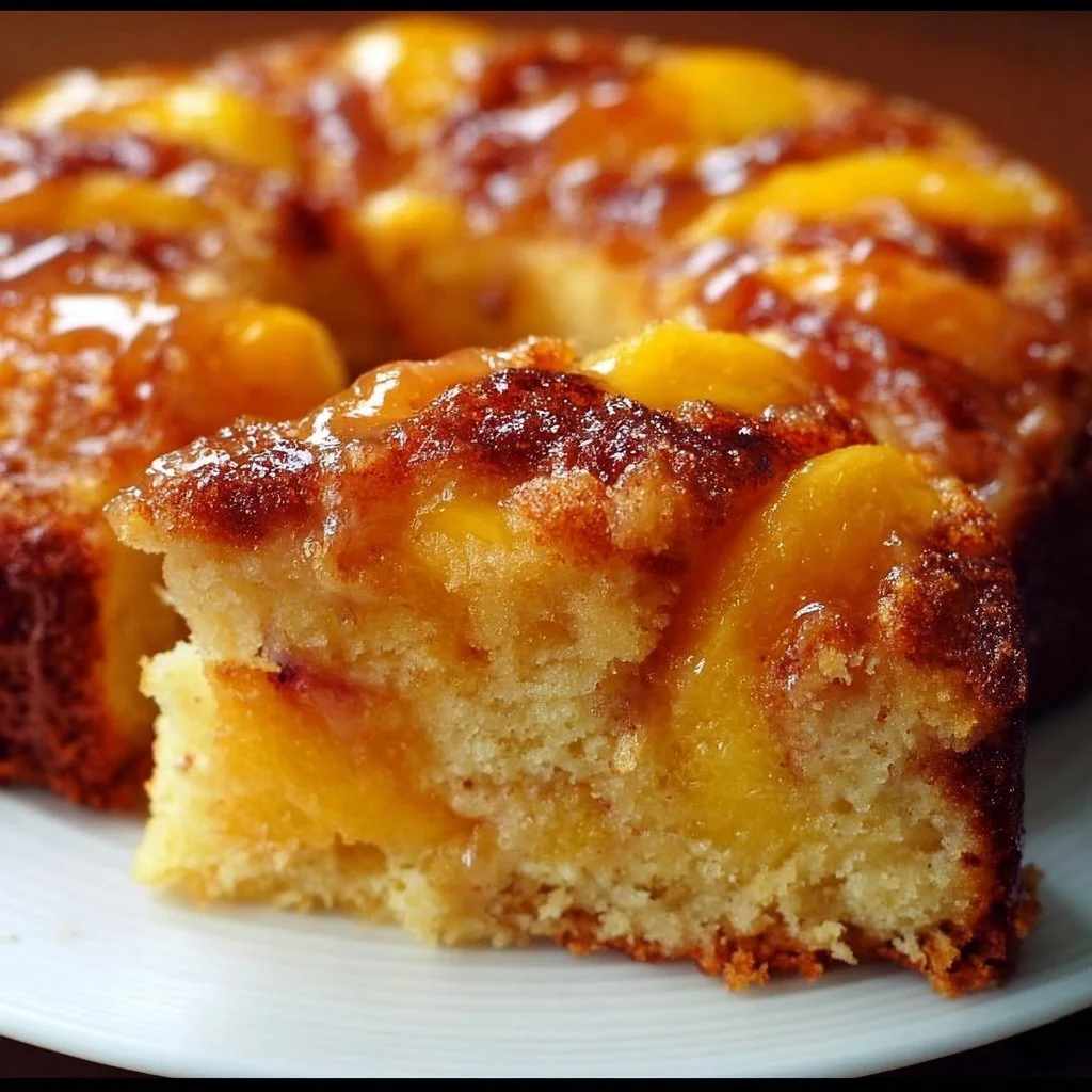 Irresistible Summer Peach Cake topped with fresh peaches and whipped cream