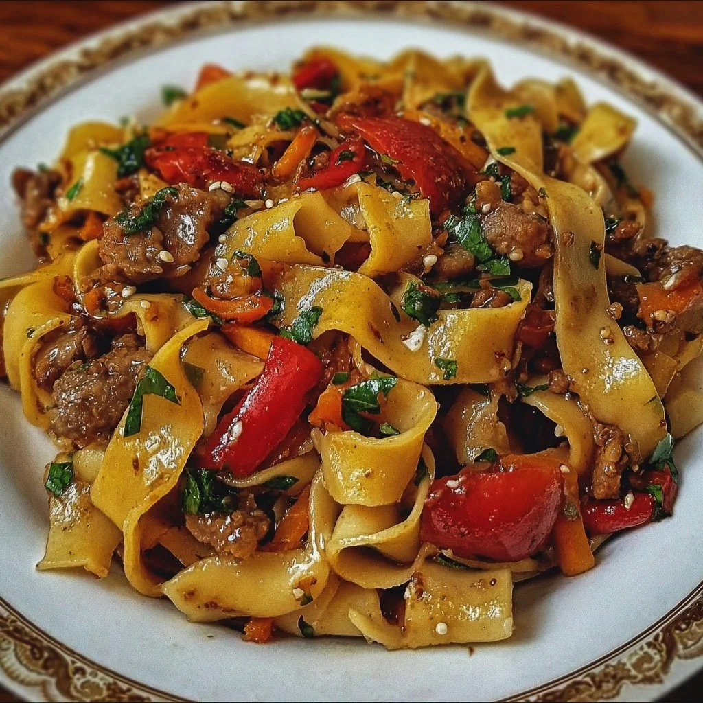 Plate of Italian Drunken Noodles garnished with herbs and spices.