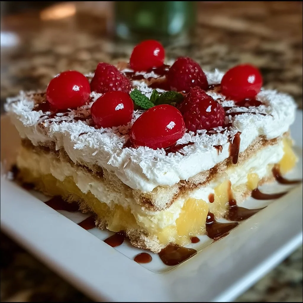Italian No Bake Cake topped with fresh fruits and chocolate