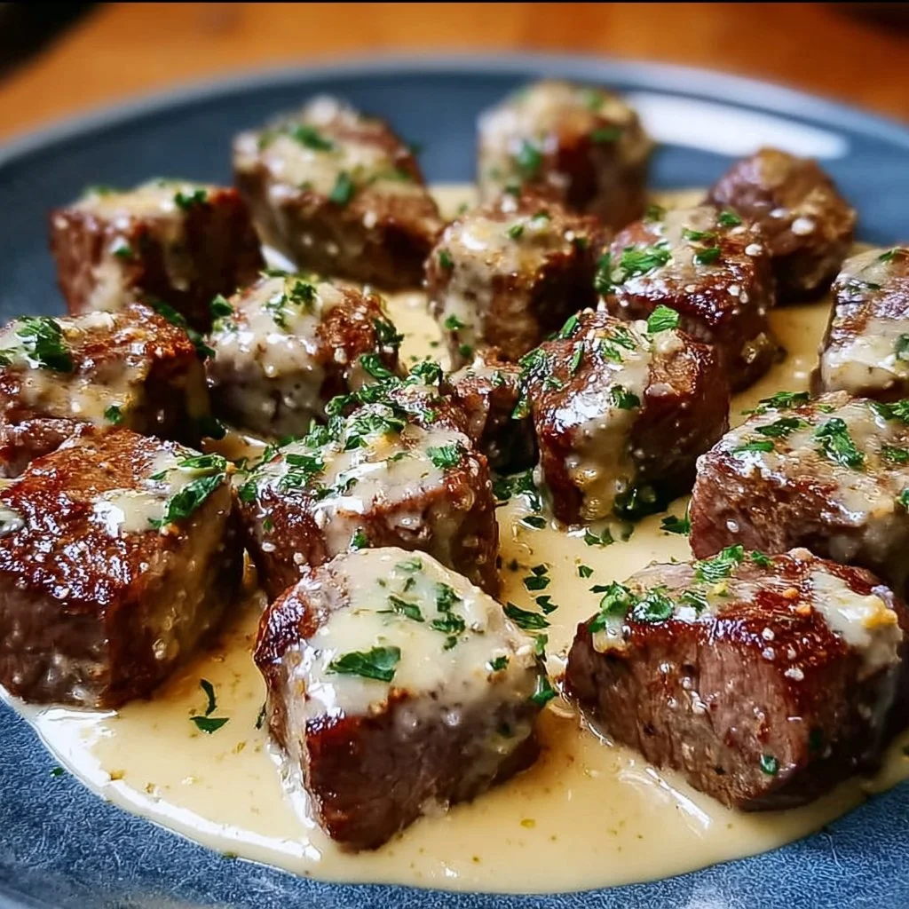 Juicy garlic butter steak bites drizzled with parmesan cream sauce on a plate