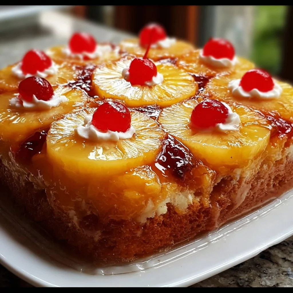 Juicy Pineapple Heaven Cake topped with fresh pineapple slices and whipped cream