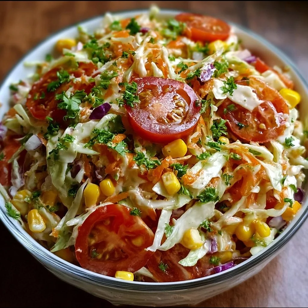 Layered Mexican coleslaw salad with tomatoes and corn in a bowl