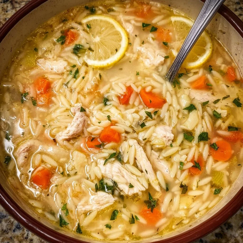 Bowl of Lemon Chicken Orzo Soup garnished with herbs and lemon slices.