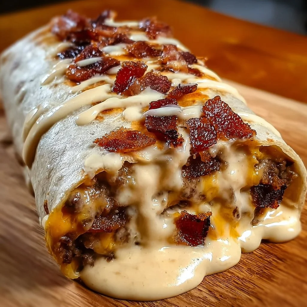 Loaded bacon cheeseburger burrito with creamy cheese topping