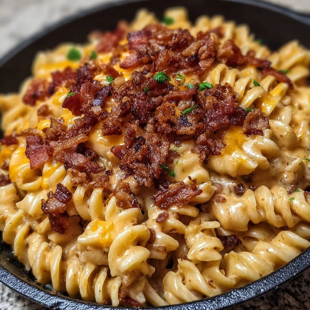 Loaded Bacon Cheeseburger Pasta Skillet served in a skillet with toppings