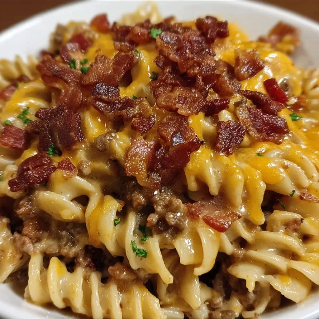 Loaded Bacon Cheeseburger Pasta Skillet in a cast iron dish
