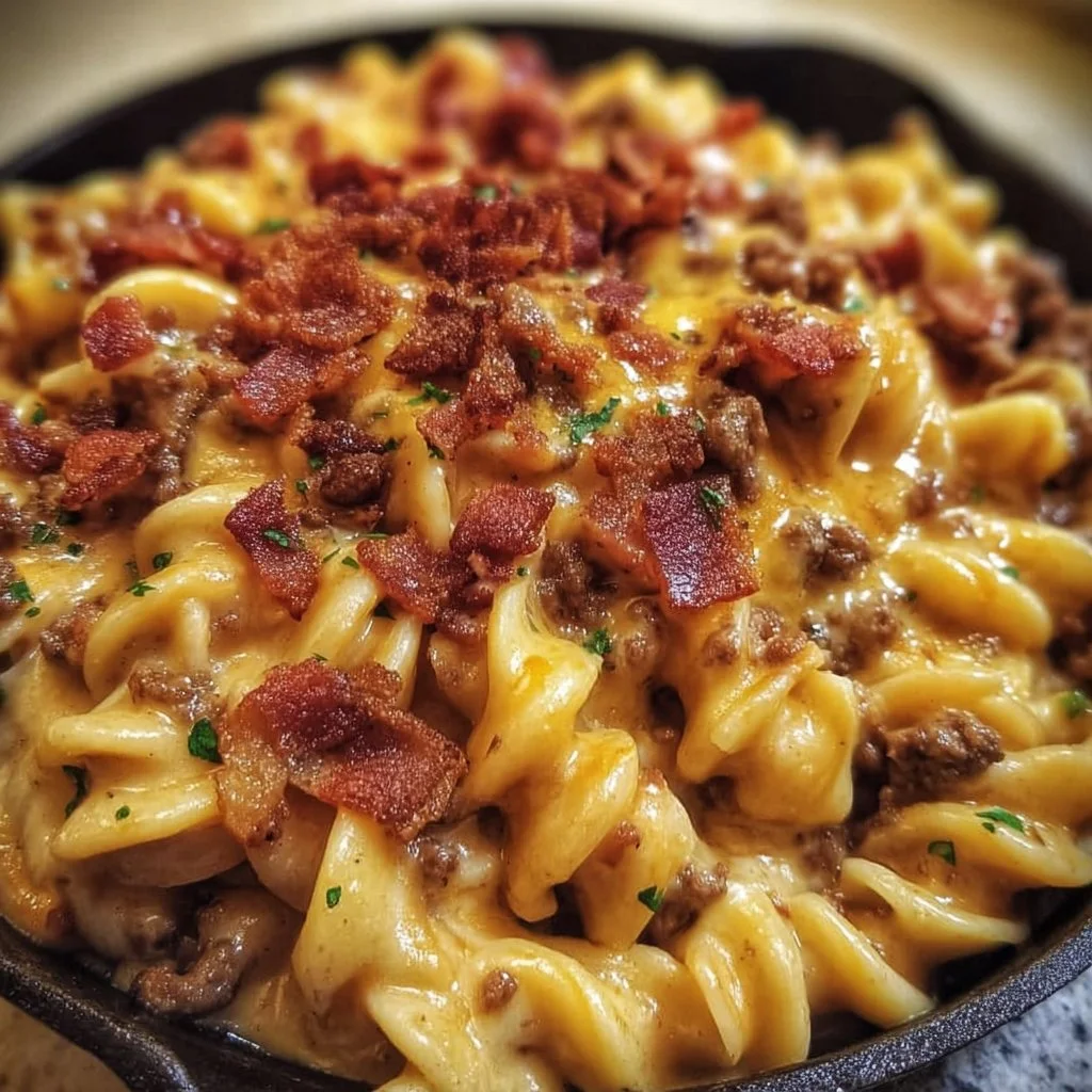 Loaded Bacon Cheeseburger Pasta Skillet topped with cheese and crispy bacon