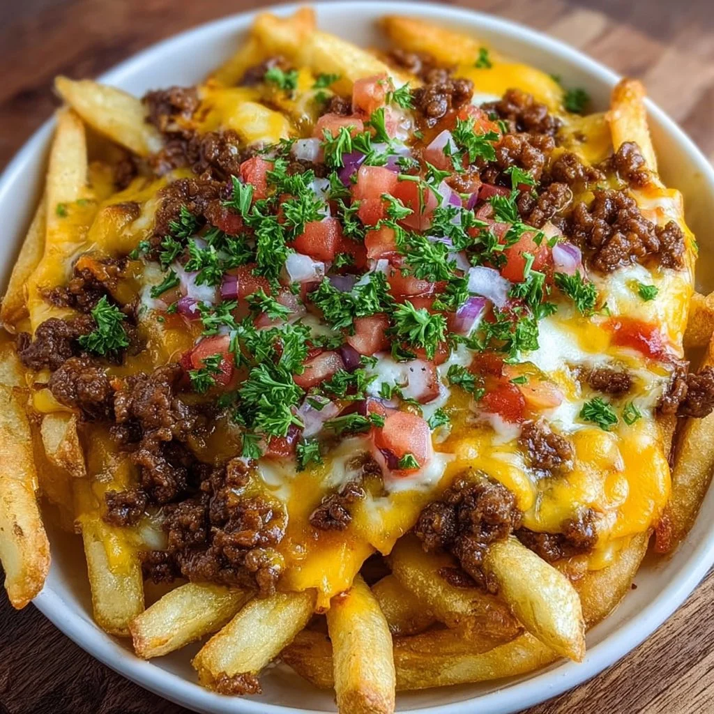 Loaded cheese fries topped with beef and melted cheese