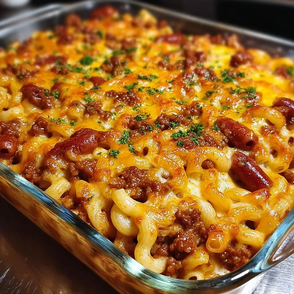 Loaded Chili Cheese Dog Pasta Bake topped with cheese and chili