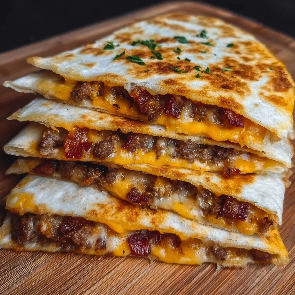 Maple Bacon Cheeseburger Quesadillas with bacon, cheese, and maple syrup