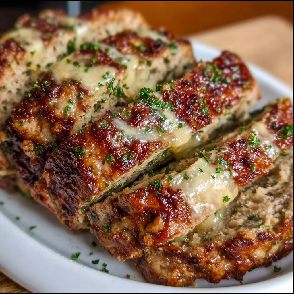 Delicious garlic parmesan chicken meatloaf on a plate with herbs