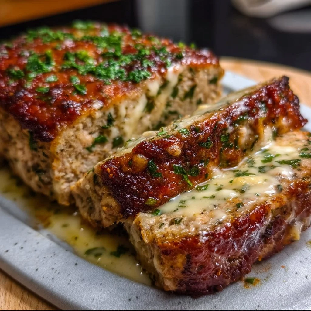 Delicious garlic parmesan chicken meatloaf served with savory herbs.