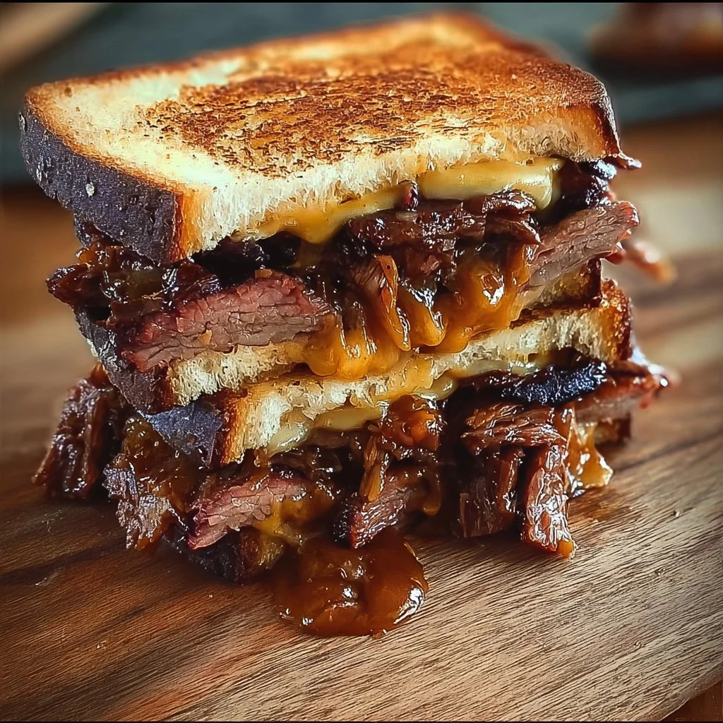 Melted cheese BBQ brisket sandwiches with toasted bread and fresh toppings