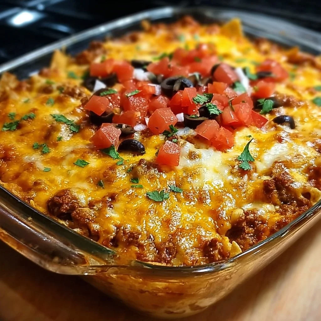 Delicious homemade Mexican casserole topped with cheese and fresh ingredients
