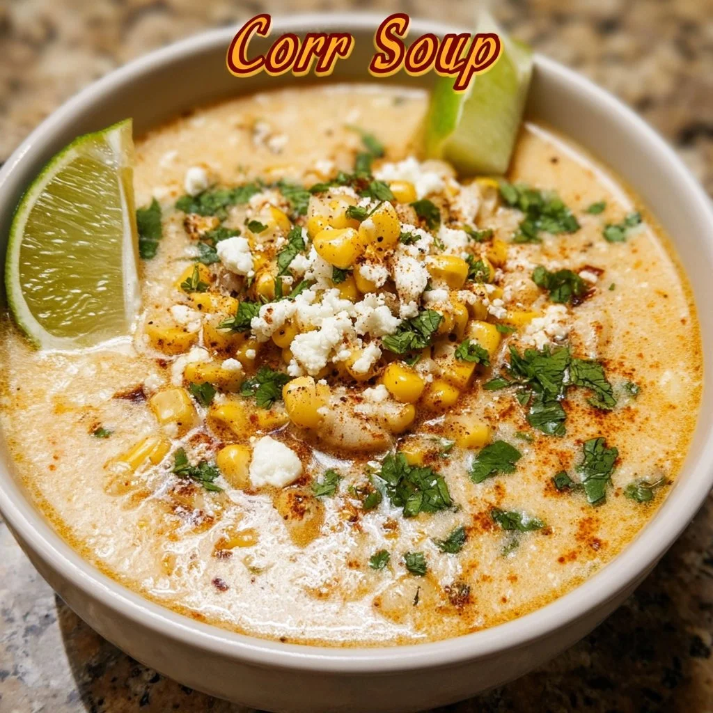 Bowl of creamy Mexican Street Corn Soup topped with cilantro and cheese
