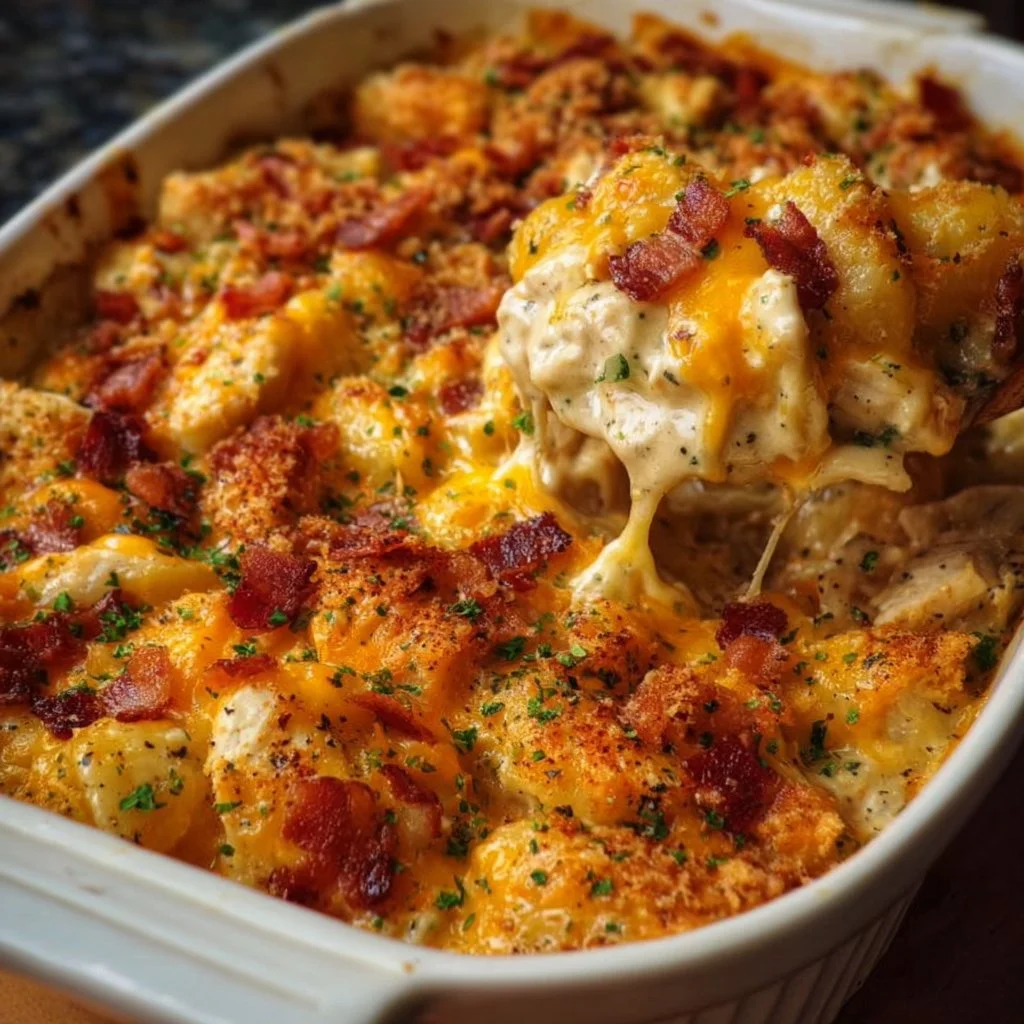 Delicious Million Dollar Chicken Casserole served in a baking dish