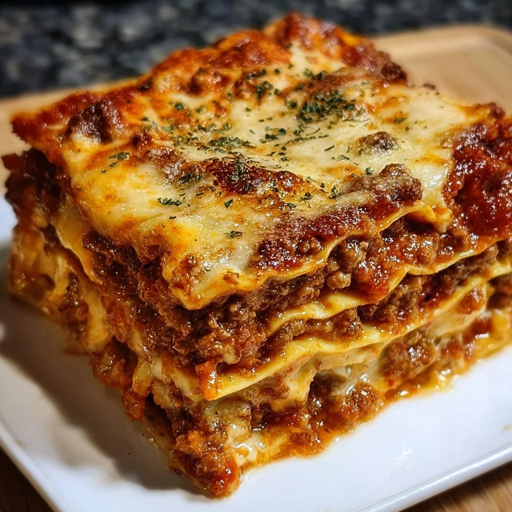 Delicious slice of Million Dollar Lasagna on a plate with cheese and herbs