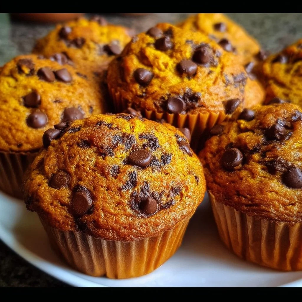 Moist Pumpkin Chocolate Chip Muffins with chocolate chips and pumpkin spice