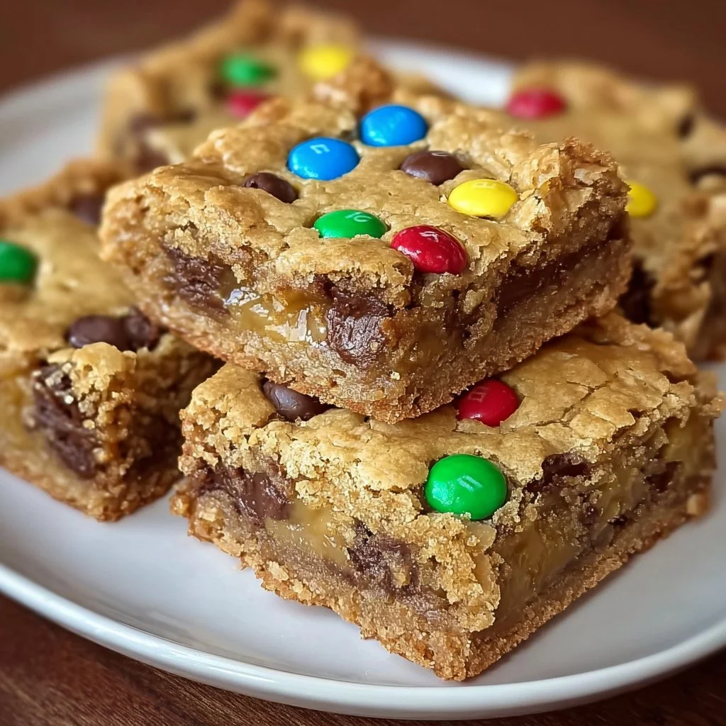 Delicious Monster Cookie Bars made with oats, chocolate chips, and peanut butter