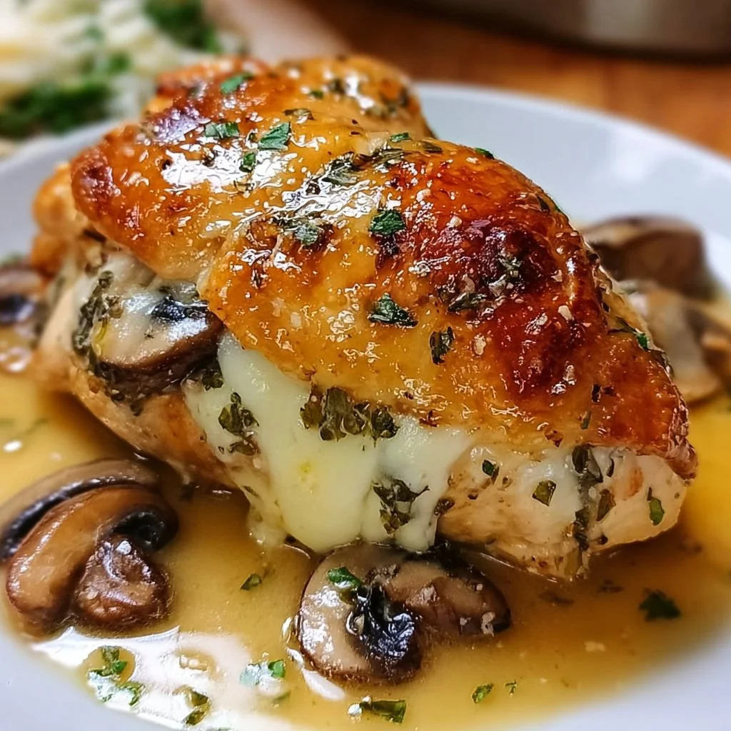 Mushroom and cheese stuffed chicken with garlic butter sauce on a plate