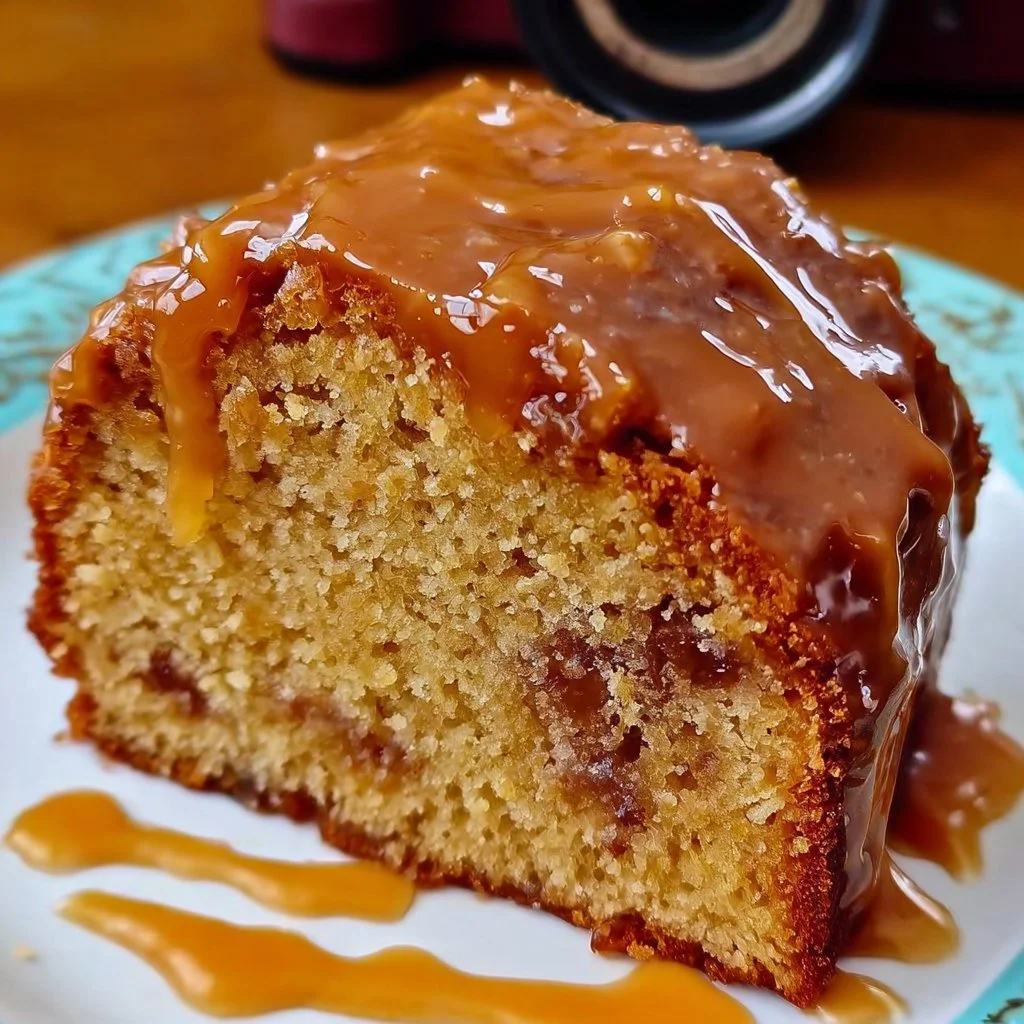 Sliced brown sugar caramel pound cake with a rich caramel glaze on a wooden table