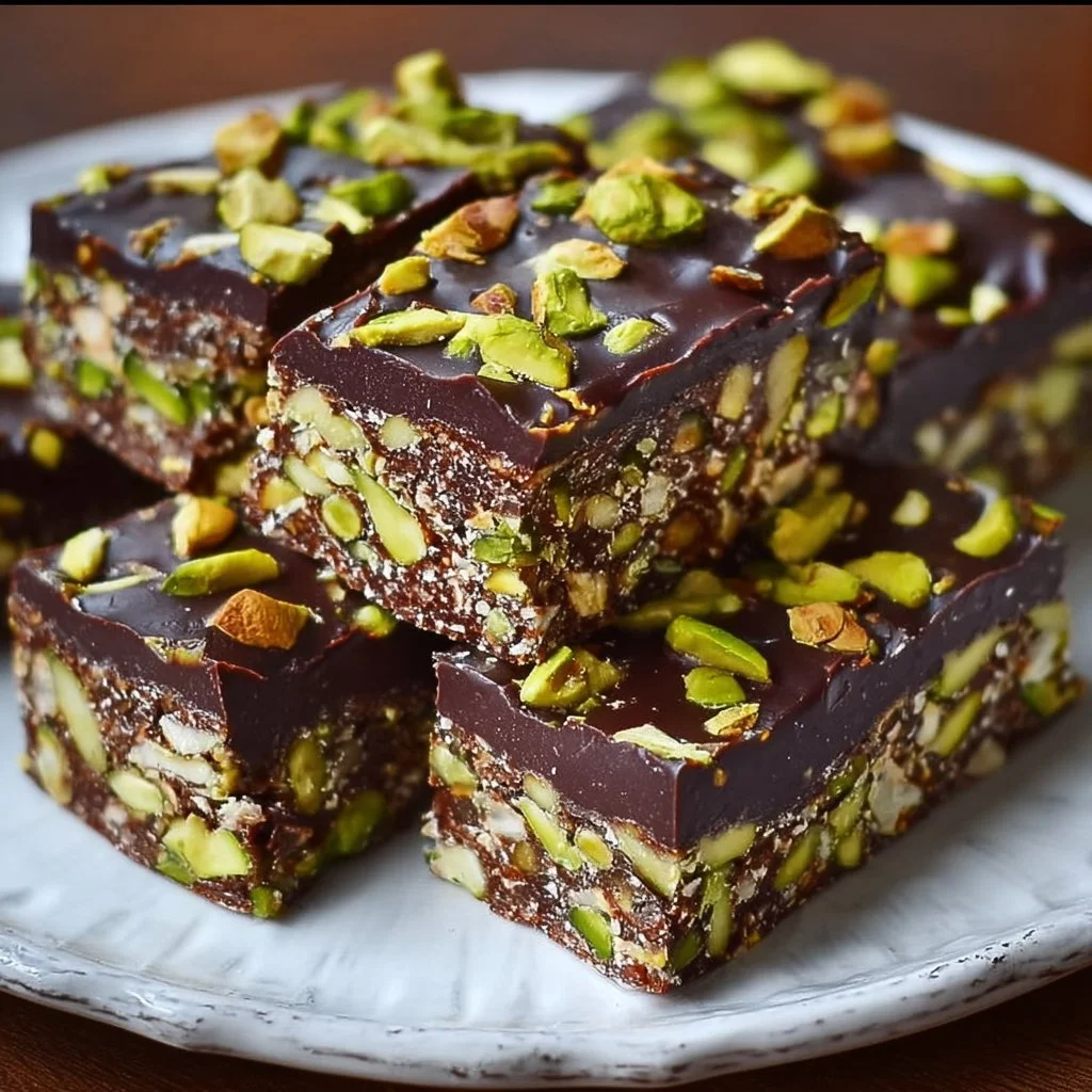 No-bake pistachio chocolate bars with dark chocolate layers and nuts