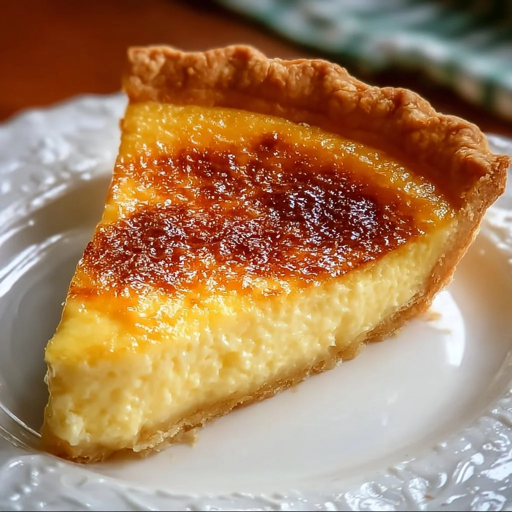 Old fashioned egg custard pie with a golden crust and creamy filling.