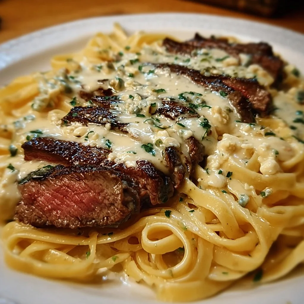 A delicious plate of Olive Garden Steak Gorgonzola Alfredo with creamy sauce and steak.