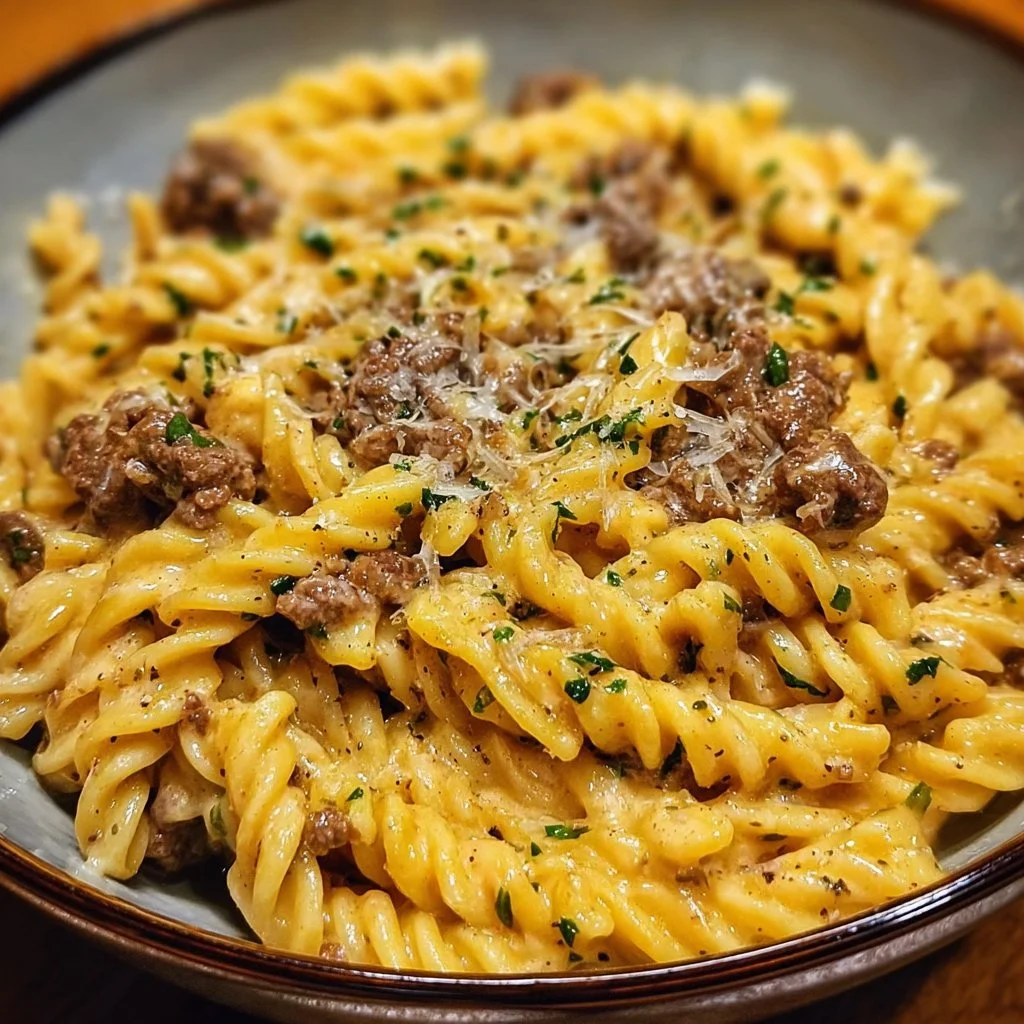 One Pot Creamy Beef and Garlic Butter Pasta dish served in a bowl
