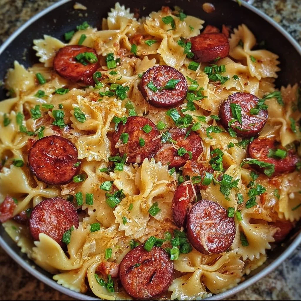 One Pot Kielbasa Pasta dish with vegetables in a creamy sauce