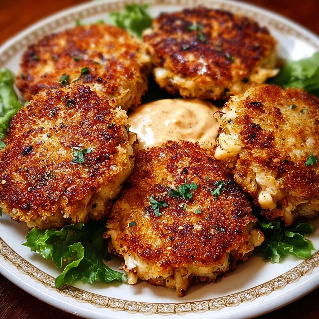 Delicious Original Old Bay Crab Cakes served with a lemon wedge and herbs