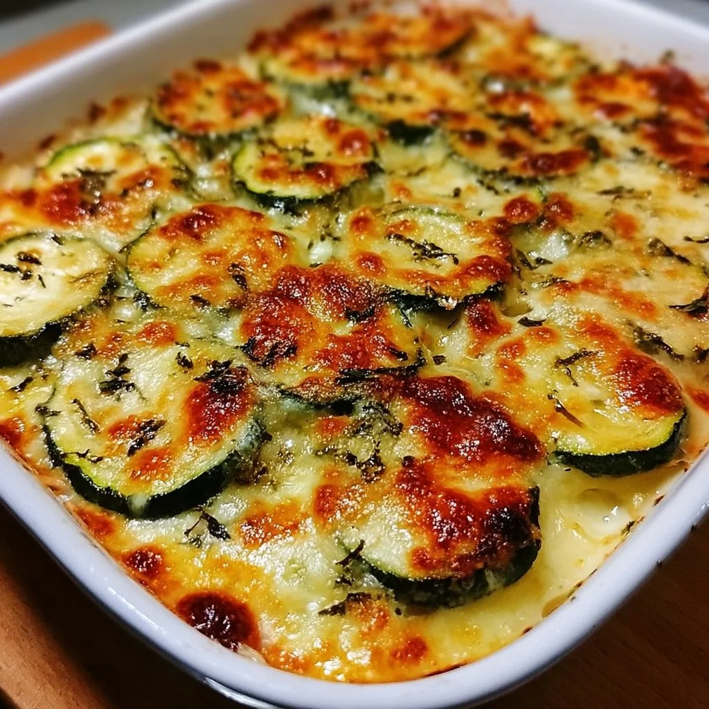 Oven baked zucchini and cheese served on a white plate