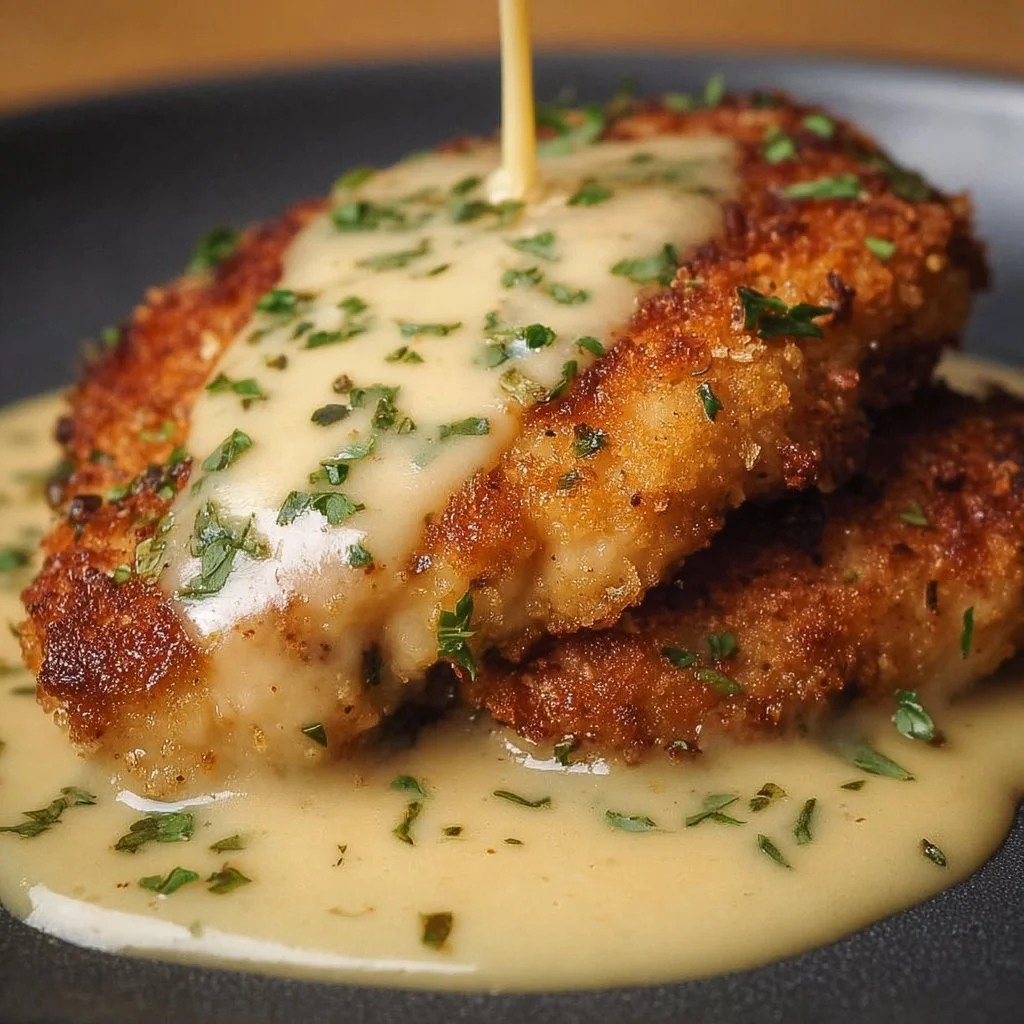 Parmesan Crusted Chicken topped with creamy garlic sauce on a plate