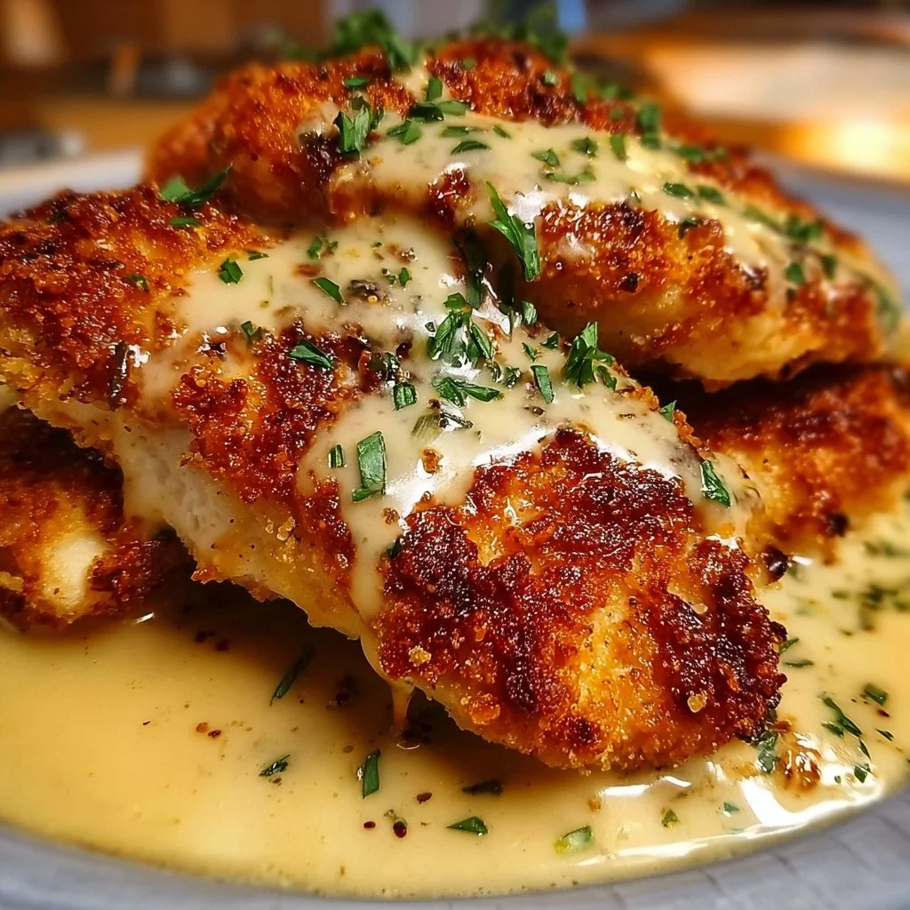 Parmesan Crusted Chicken topped with Creamy Garlic Sauce on a plate