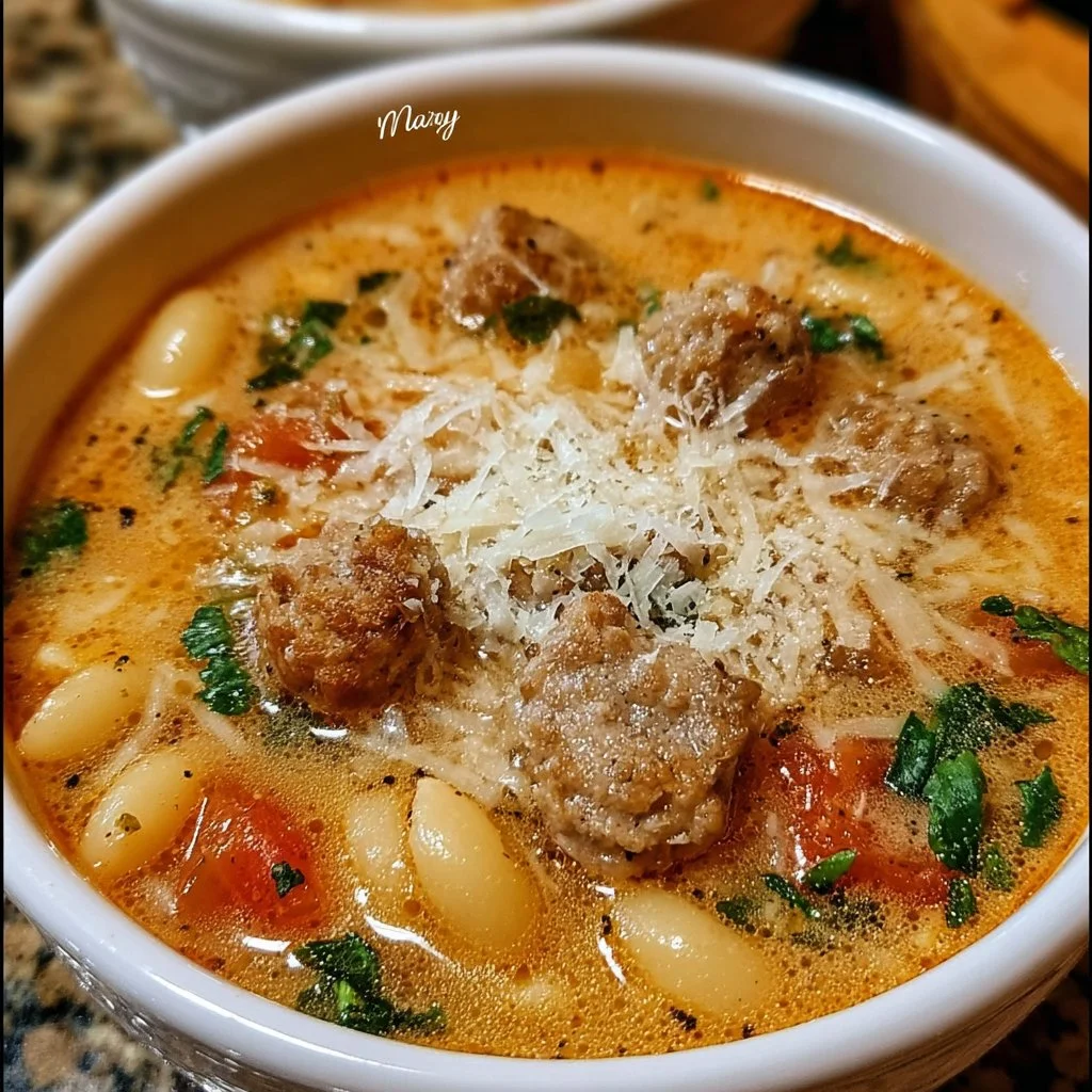 Bowl of hearty Parmesan Italian Sausage Soup with fresh herbs and spices