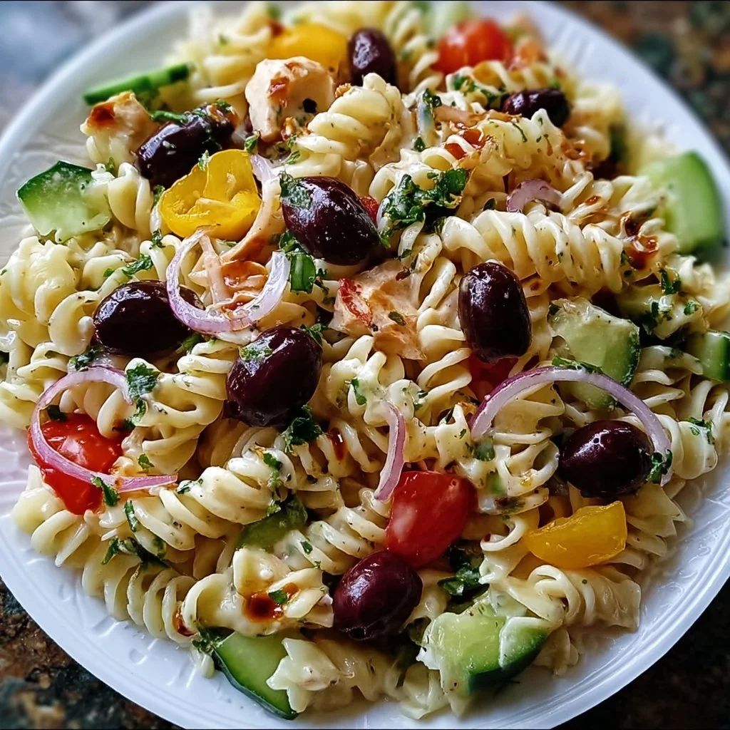 Pasta salad with fresh vegetables and homemade dressing on a plate